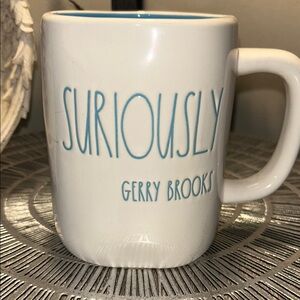 🦋Rae Dunn White Mug with Blue Text for Dining Suriously Gerry Brooks 5/25$